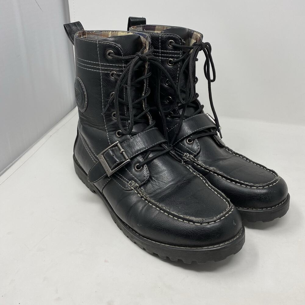 Cadillac High Top Mens Boots Sz 11 Vegan Faux Leather Black Grunge Plaid Buckle